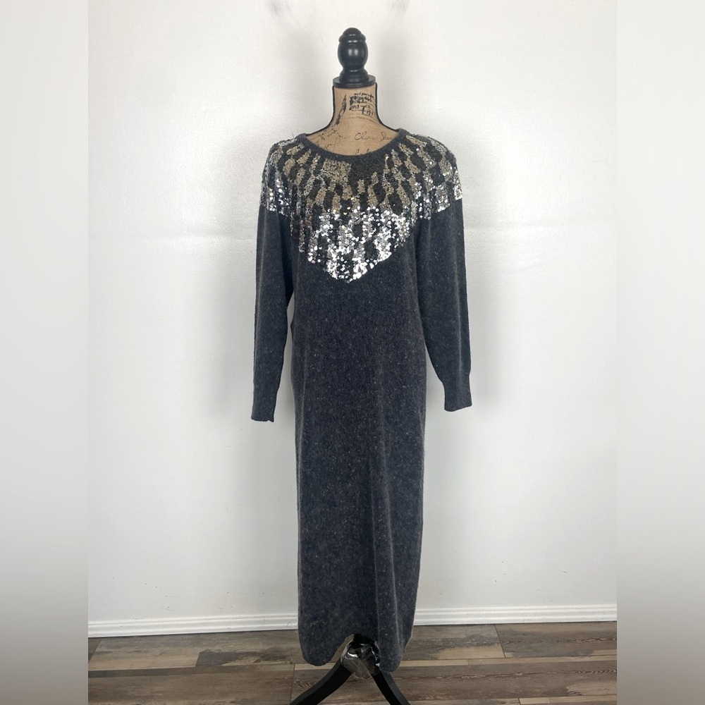 Raoul Sequin Silk Angora Rabbit Hair Blend Sweater Dress Small Blue Long Sleeves